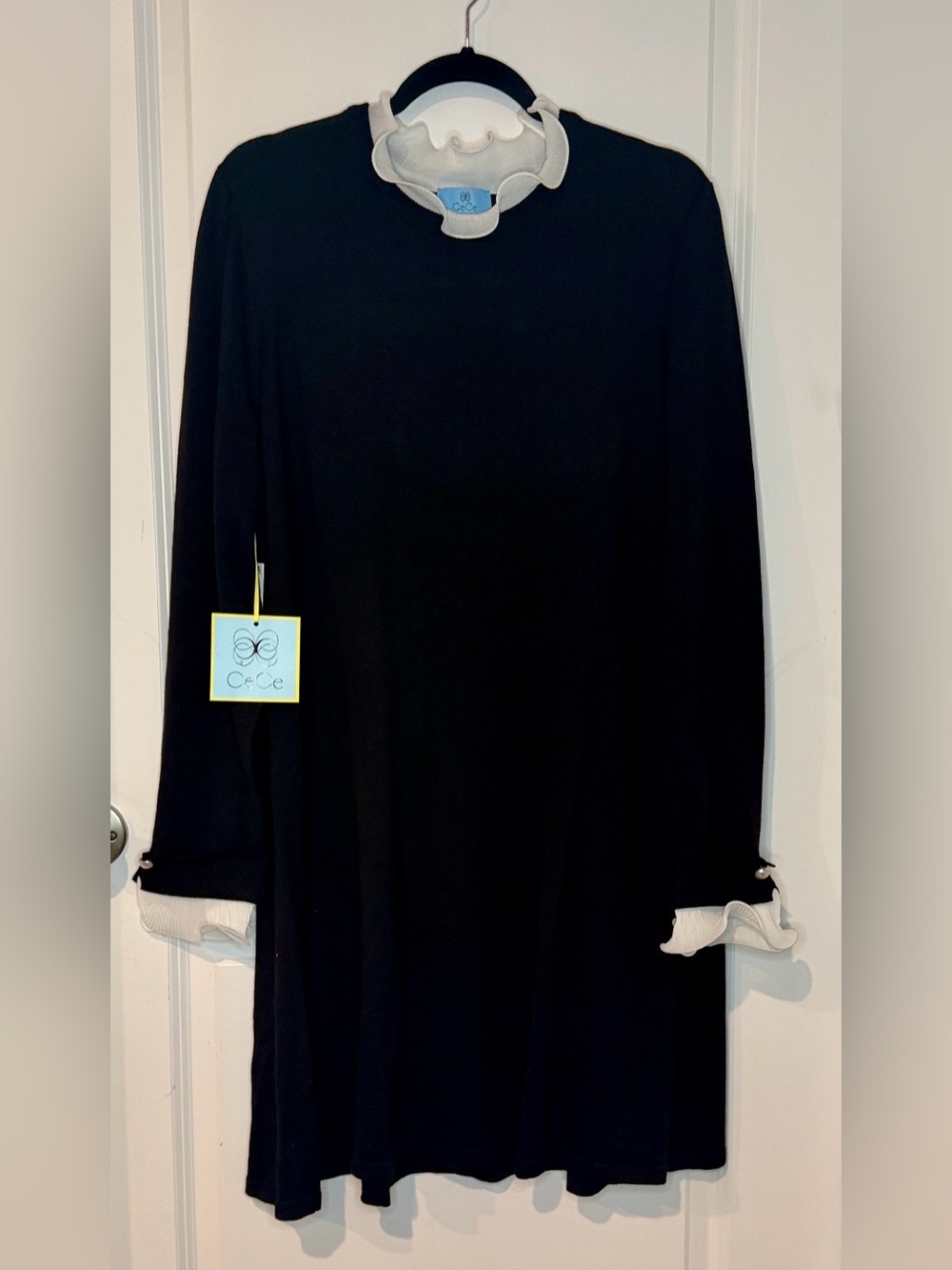 CeCe Black Long-Sleeve Dress with White Ruffle Collar